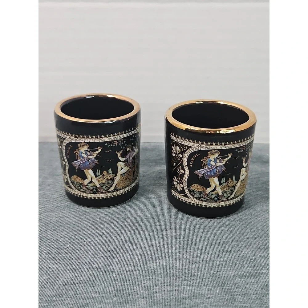 Vintage Greece Shot Glasses Black 24k Gold Set Of 2‎ Handmade